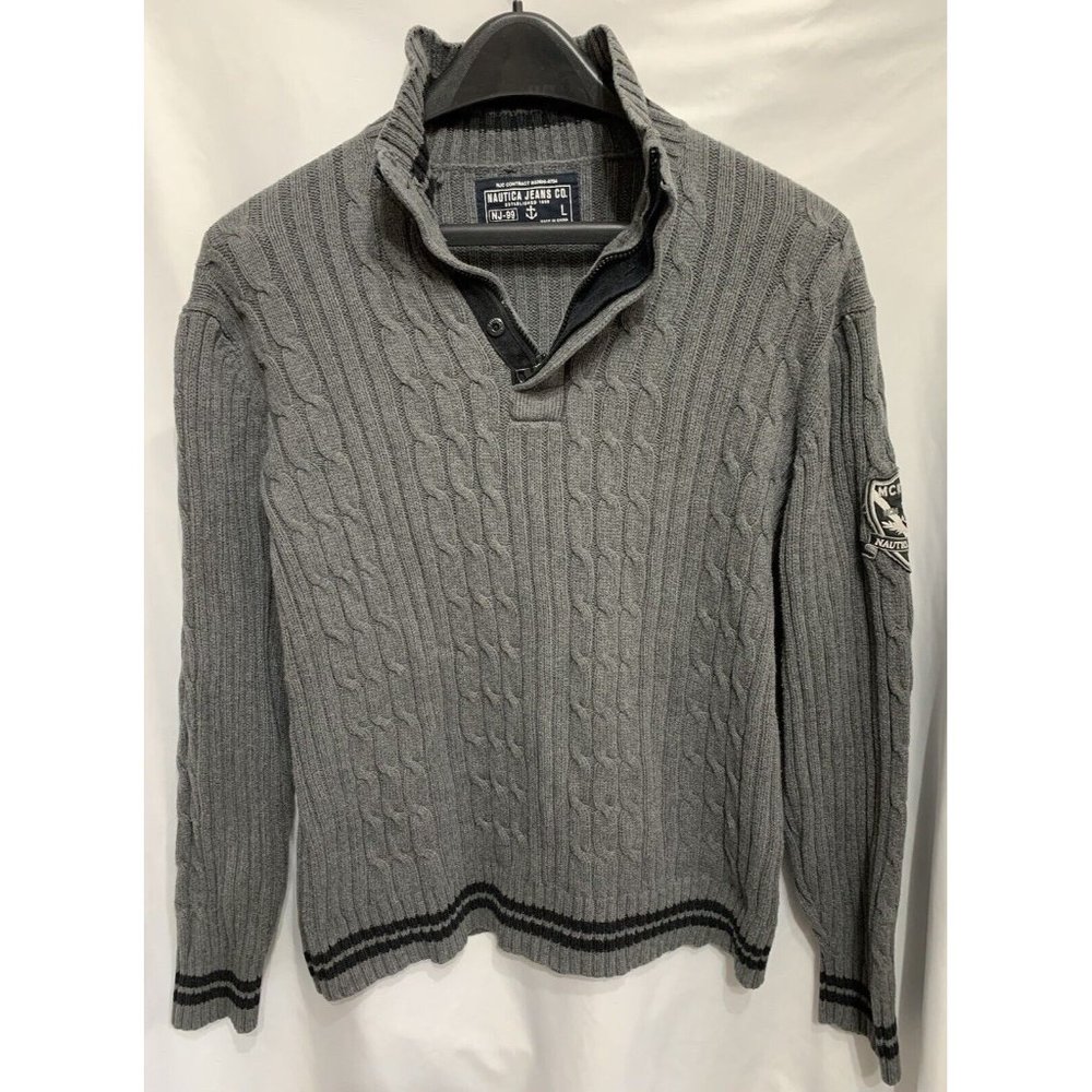 Nautica Jeans Co. Sweater Men's Large Gray Cable Knit 1/4 Zip Pullover Logo